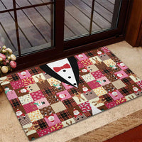 Christmas Patchwork Fake Tuxedo Rubber Doormat Santa and Reindeer Pink Plaid Style - Wonder Print Shop