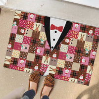 Christmas Patchwork Fake Tuxedo Rubber Doormat Santa and Reindeer Pink Plaid Style - Wonder Print Shop