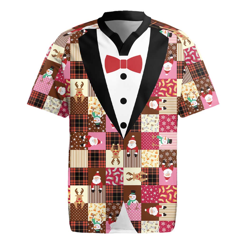 Christmas Patchwork Fake Tuxedo Rugby Jersey Santa and Reindeer Pink Plaid Style - Wonder Print Shop