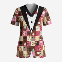 Christmas Patchwork Fake Tuxedo Scrub Top Santa and Reindeer Pink Plaid Style - Wonder Print Shop