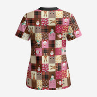 Christmas Patchwork Fake Tuxedo Scrub Top Santa and Reindeer Pink Plaid Style - Wonder Print Shop