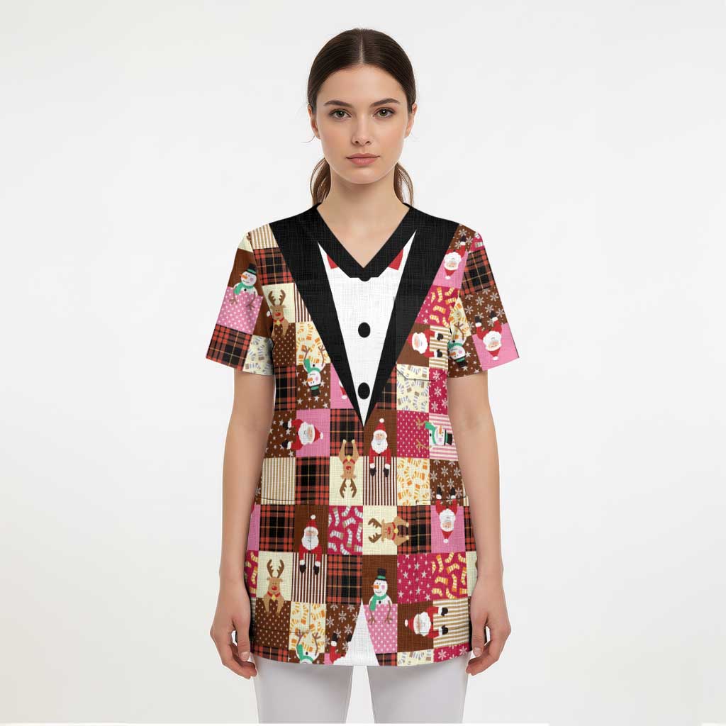 Christmas Patchwork Fake Tuxedo Scrub Top Santa and Reindeer Pink Plaid Style - Wonder Print Shop