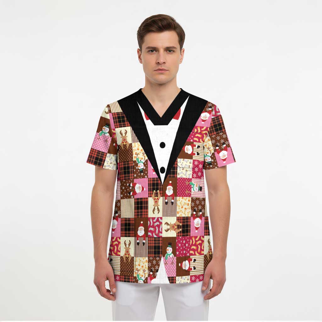 Christmas Patchwork Fake Tuxedo Scrub Top Santa and Reindeer Pink Plaid Style - Wonder Print Shop