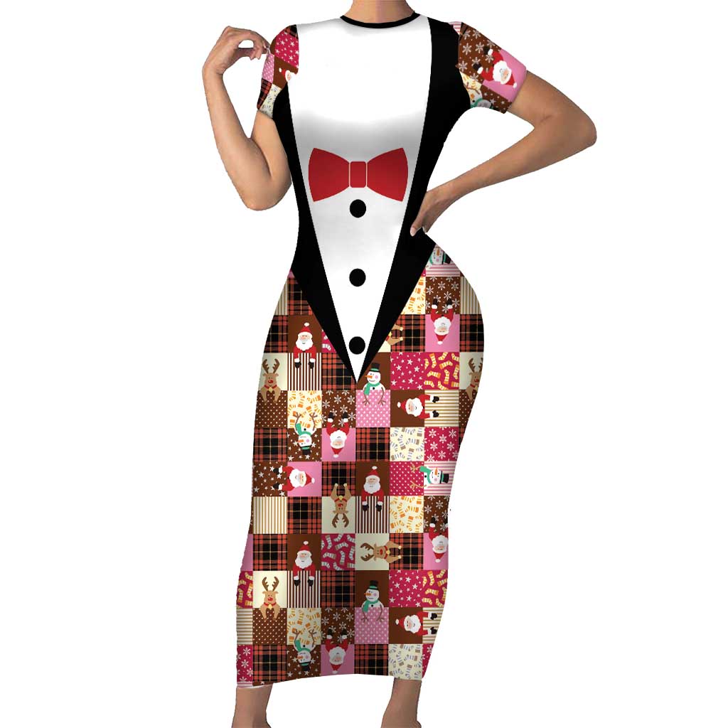 Christmas Patchwork Fake Tuxedo Short Sleeve Bodycon Dress Santa and Reindeer Pink Plaid Style - Wonder Print Shop