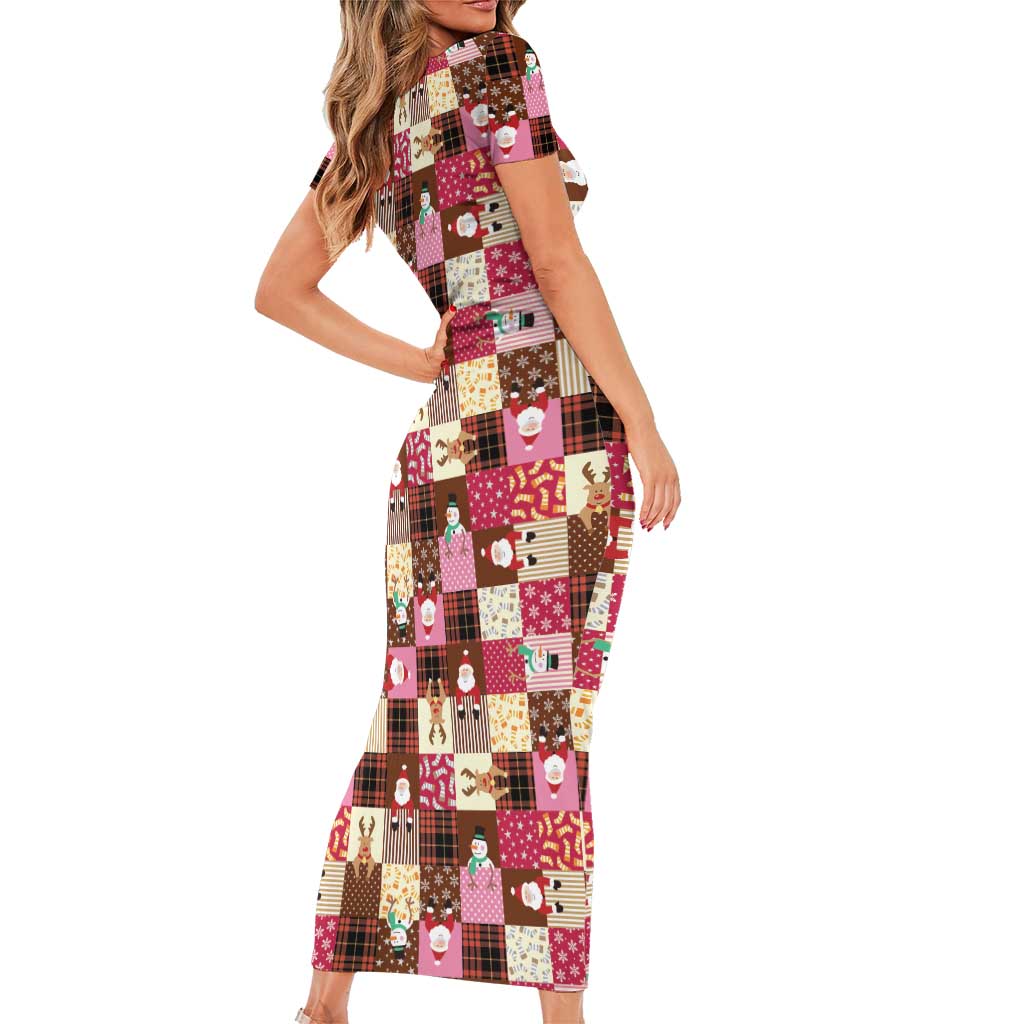 Christmas Patchwork Fake Tuxedo Short Sleeve Bodycon Dress Santa and Reindeer Pink Plaid Style - Wonder Print Shop