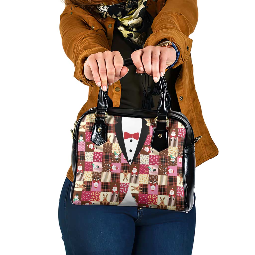 Christmas Patchwork Fake Tuxedo Shoulder Handbag Santa and Reindeer Pink Plaid Style - Wonder Print Shop