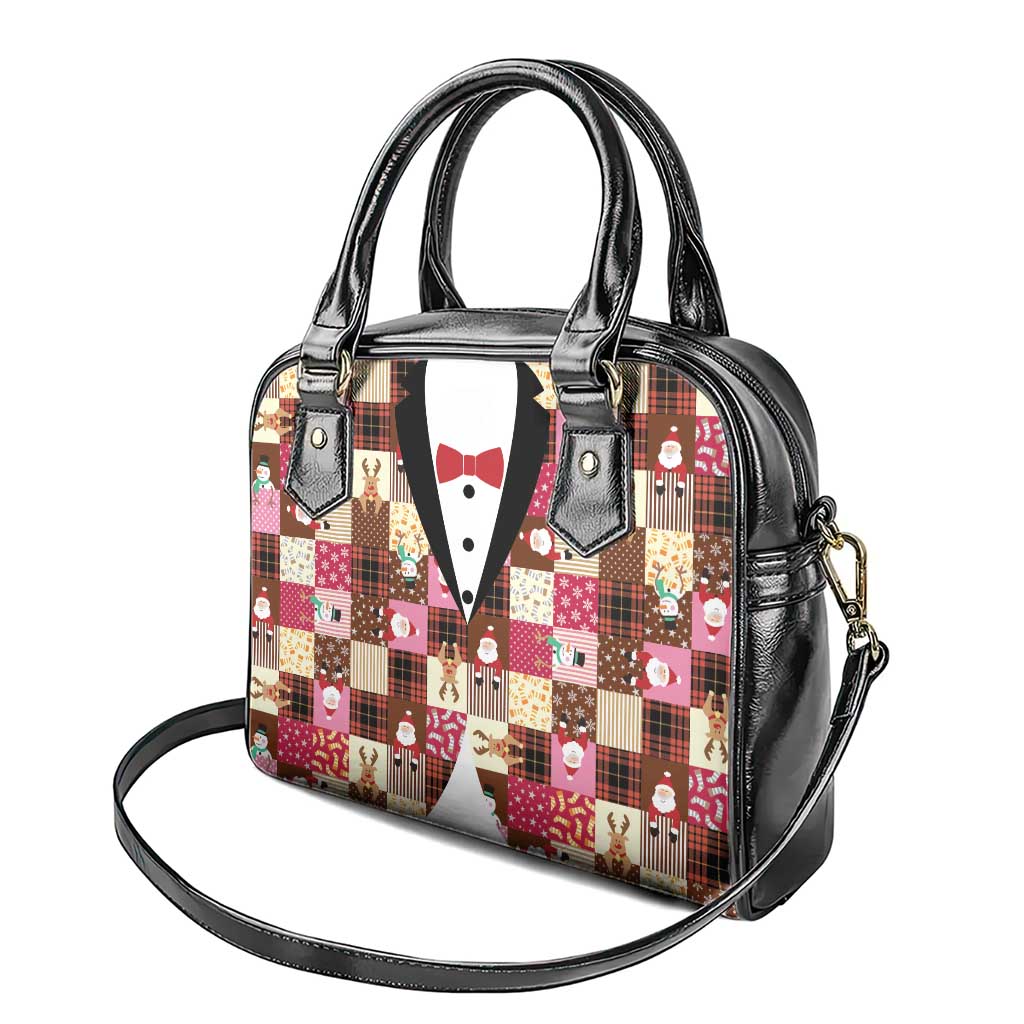 Christmas Patchwork Fake Tuxedo Shoulder Handbag Santa and Reindeer Pink Plaid Style - Wonder Print Shop