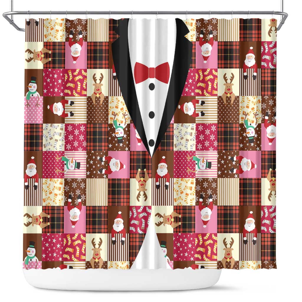 Christmas Patchwork Fake Tuxedo Shower Curtain Santa and Reindeer Pink Plaid Style - Wonder Print Shop
