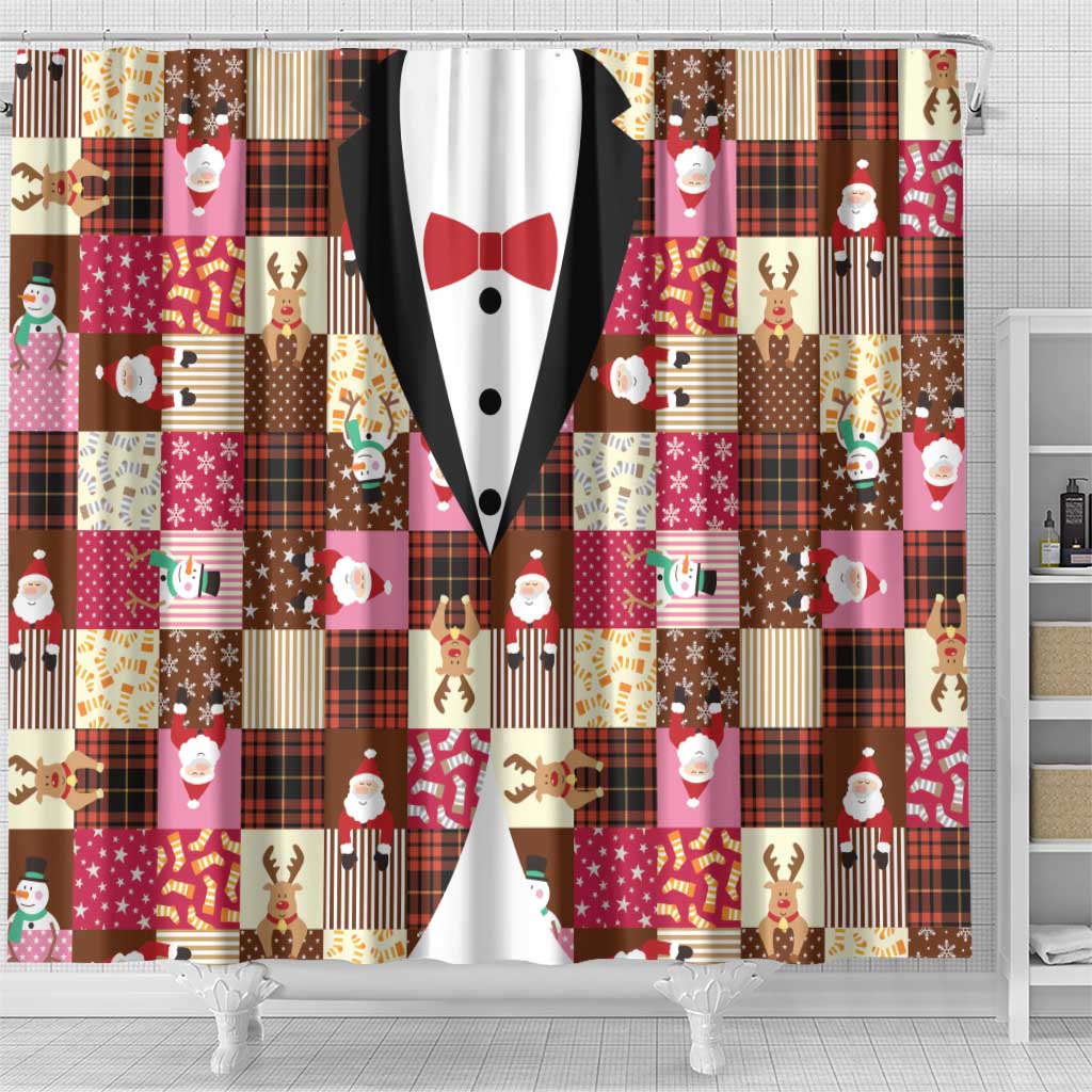 Christmas Patchwork Fake Tuxedo Shower Curtain Santa and Reindeer Pink Plaid Style - Wonder Print Shop