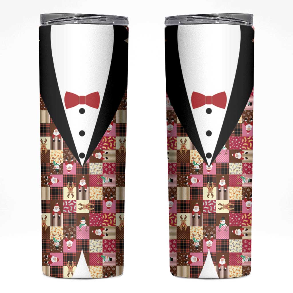 Christmas Patchwork Fake Tuxedo Skinny Tumbler Santa and Reindeer Pink Plaid Style - Wonder Print Shop