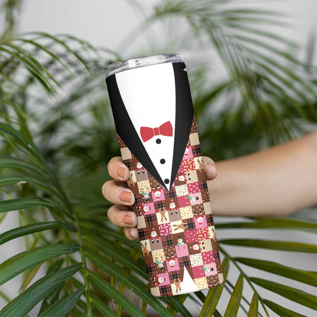 Christmas Patchwork Fake Tuxedo Skinny Tumbler Santa and Reindeer Pink Plaid Style - Wonder Print Shop