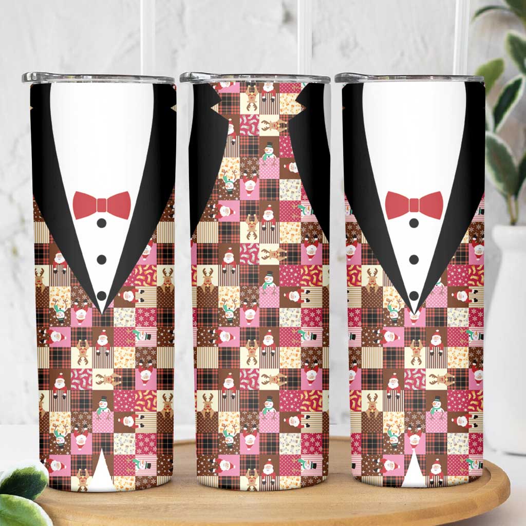 Christmas Patchwork Fake Tuxedo Skinny Tumbler Santa and Reindeer Pink Plaid Style - Wonder Print Shop