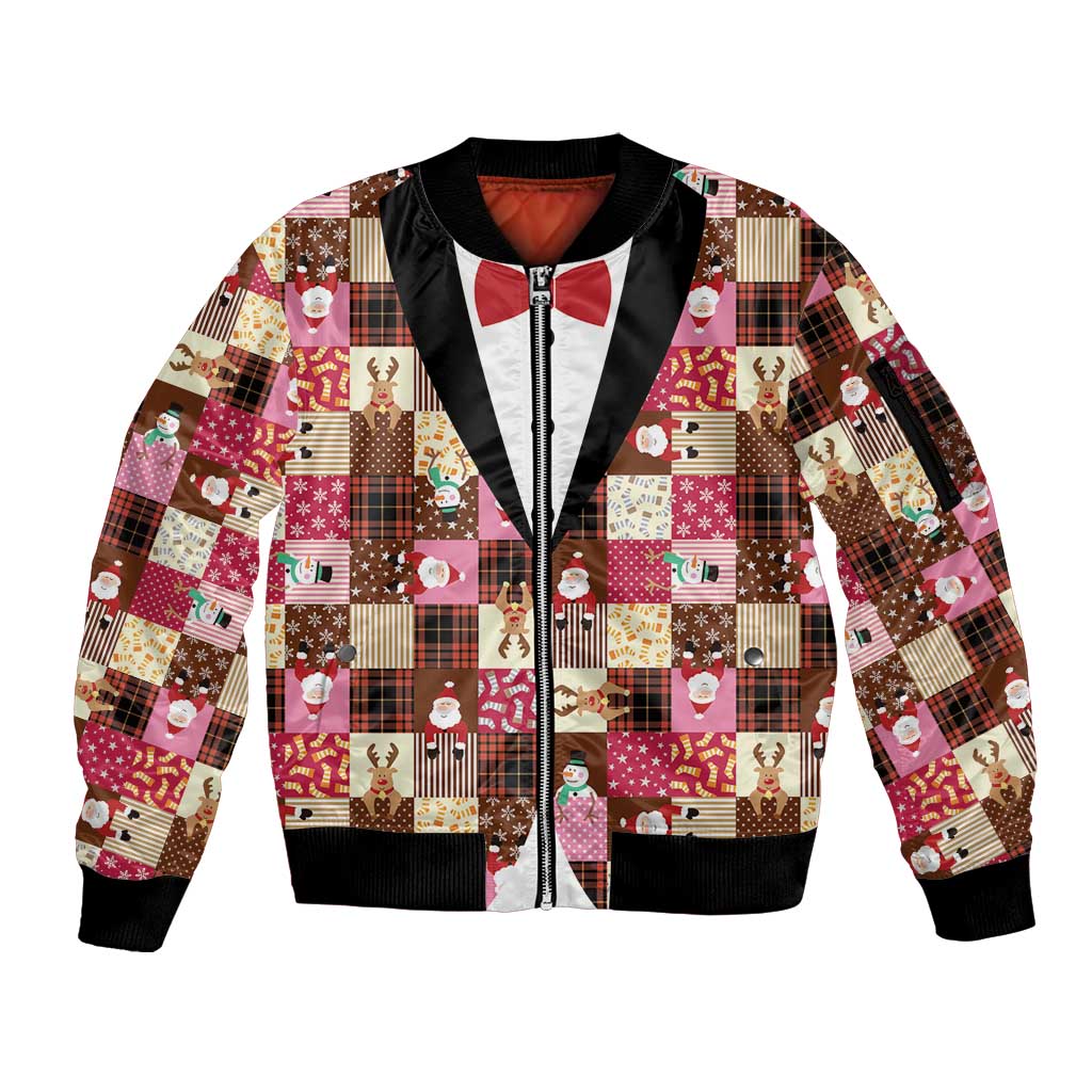 Christmas Patchwork Fake Tuxedo Sleeve Zip Bomber Jacket Santa and Reindeer Pink Plaid Style - Wonder Print Shop