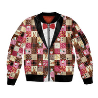 Christmas Patchwork Fake Tuxedo Sleeve Zip Bomber Jacket Santa and Reindeer Pink Plaid Style - Wonder Print Shop