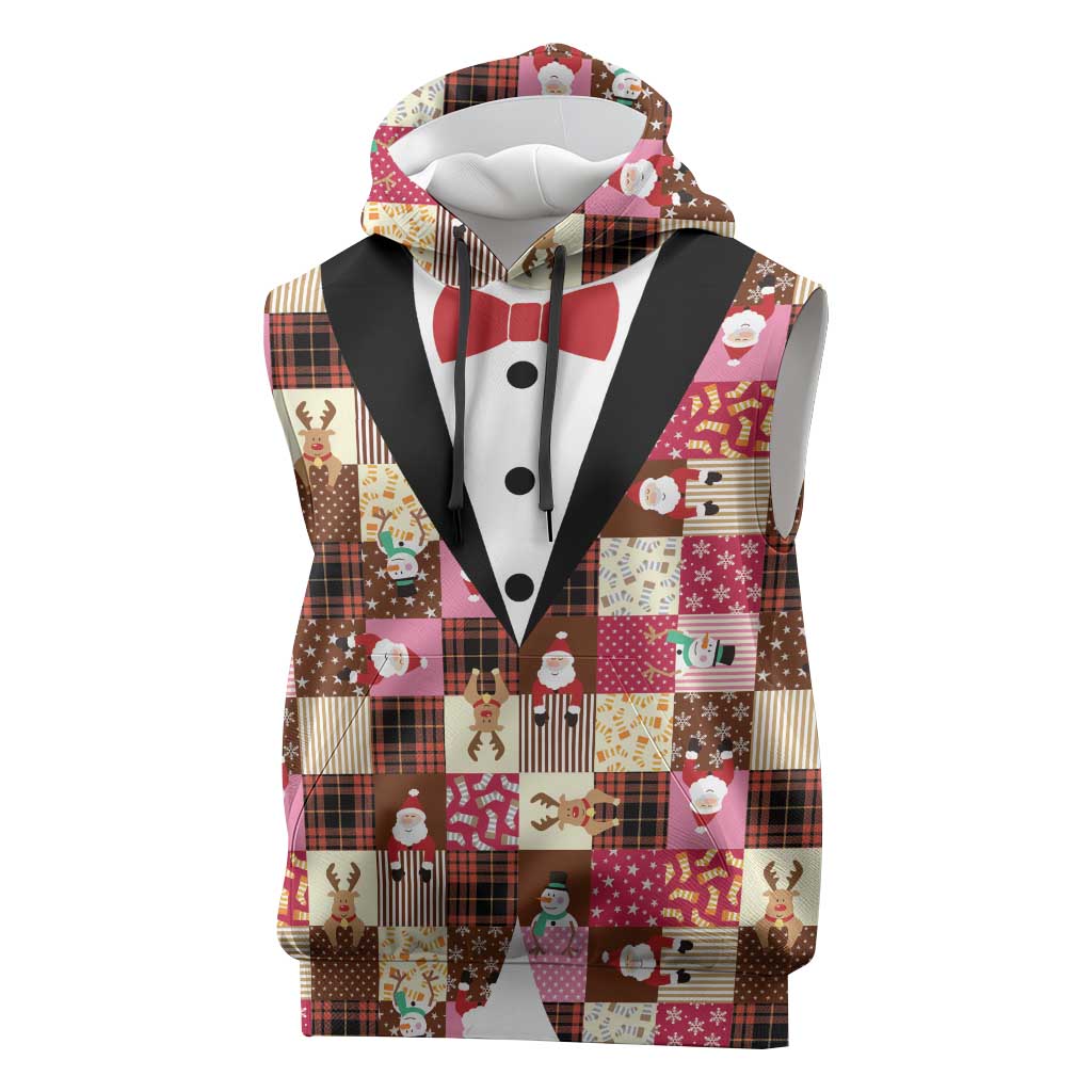 Christmas Patchwork Fake Tuxedo Sleeveless Hoodie Santa and Reindeer Pink Plaid Style - Wonder Print Shop