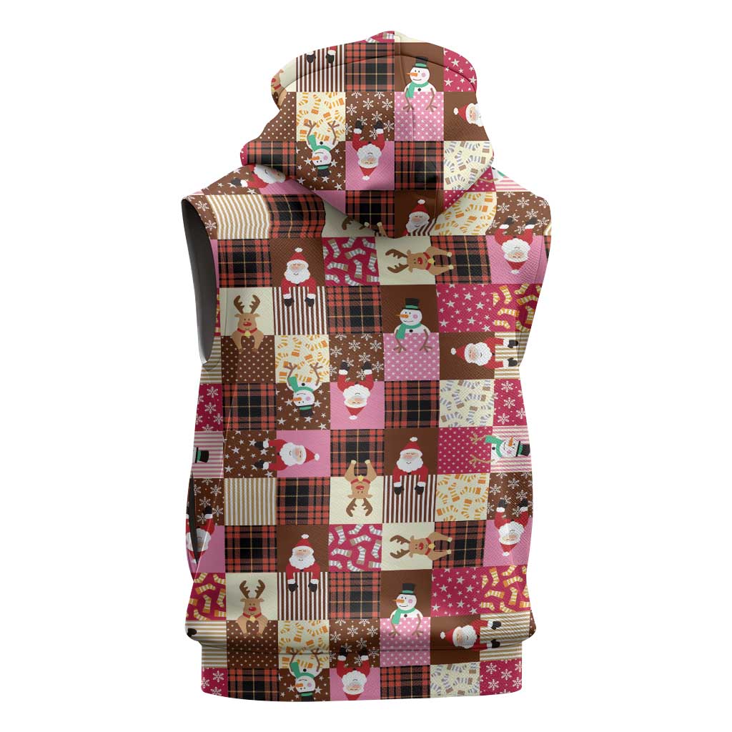 Christmas Patchwork Fake Tuxedo Sleeveless Hoodie Santa and Reindeer Pink Plaid Style - Wonder Print Shop