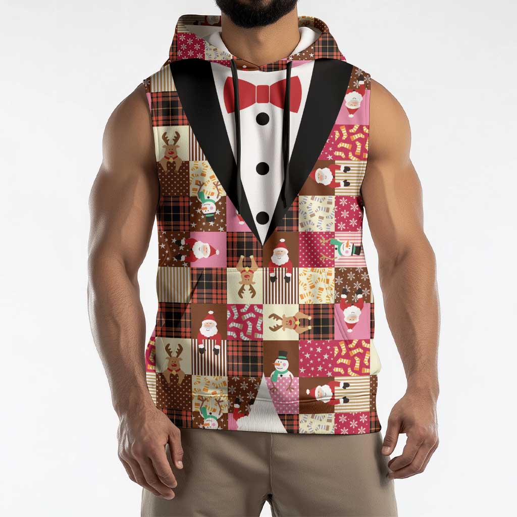 Christmas Patchwork Fake Tuxedo Sleeveless Hoodie Santa and Reindeer Pink Plaid Style - Wonder Print Shop