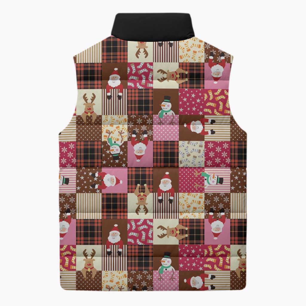 Christmas Patchwork Fake Tuxedo Sleeveless Puffer Jacket Santa and Reindeer Pink Plaid Style - Wonder Print Shop