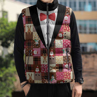 Christmas Patchwork Fake Tuxedo Sleeveless Puffer Jacket Santa and Reindeer Pink Plaid Style - Wonder Print Shop