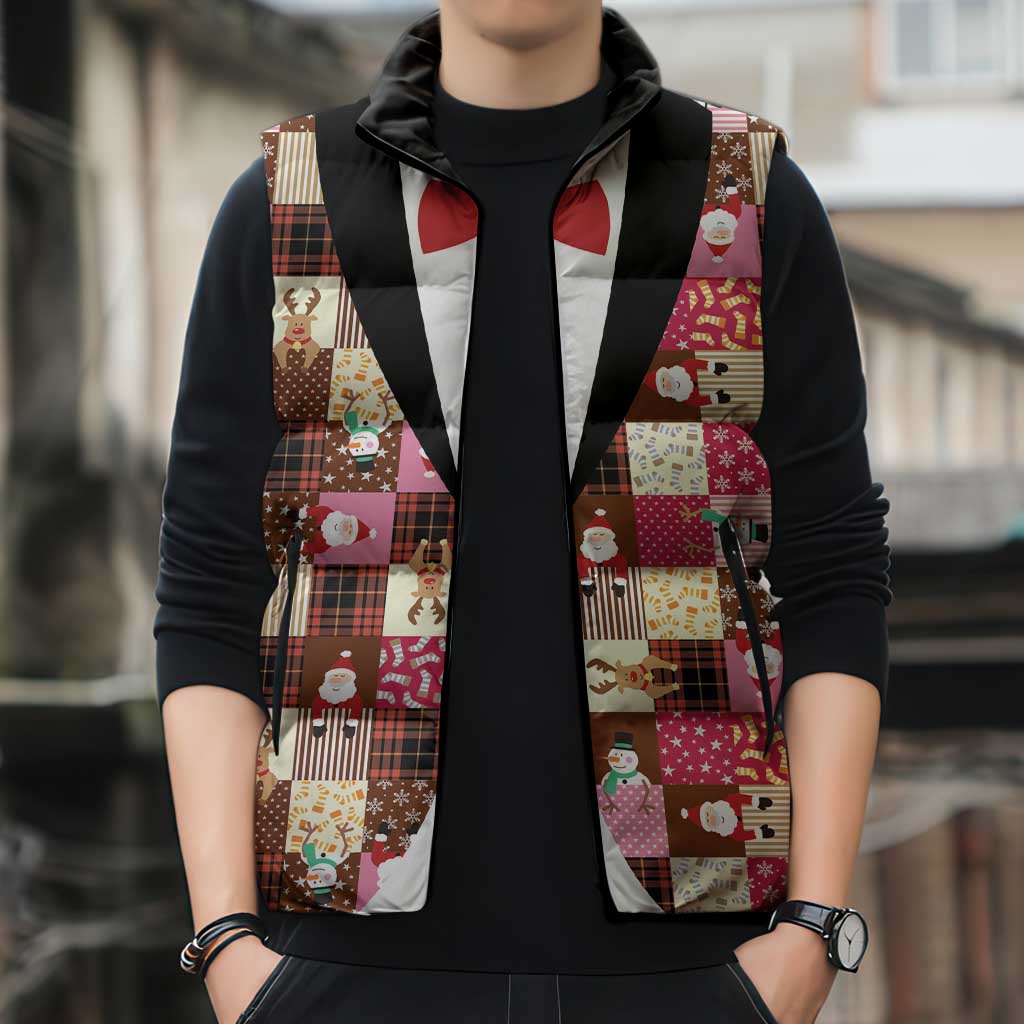 Christmas Patchwork Fake Tuxedo Sleeveless Puffer Jacket Santa and Reindeer Pink Plaid Style - Wonder Print Shop
