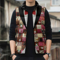 Christmas Patchwork Fake Tuxedo Sleeveless Puffer Jacket Santa and Reindeer Pink Plaid Style - Wonder Print Shop