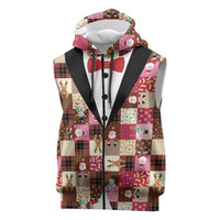 Christmas Patchwork Fake Tuxedo Sleeveless Zip Hoodie Santa and Reindeer Pink Plaid Style - Wonder Print Shop