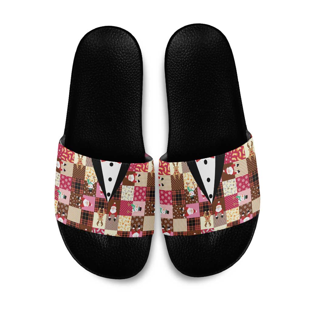 Christmas Patchwork Fake Tuxedo Slide Sandals Santa and Reindeer Pink Plaid Style - Wonder Print Shop
