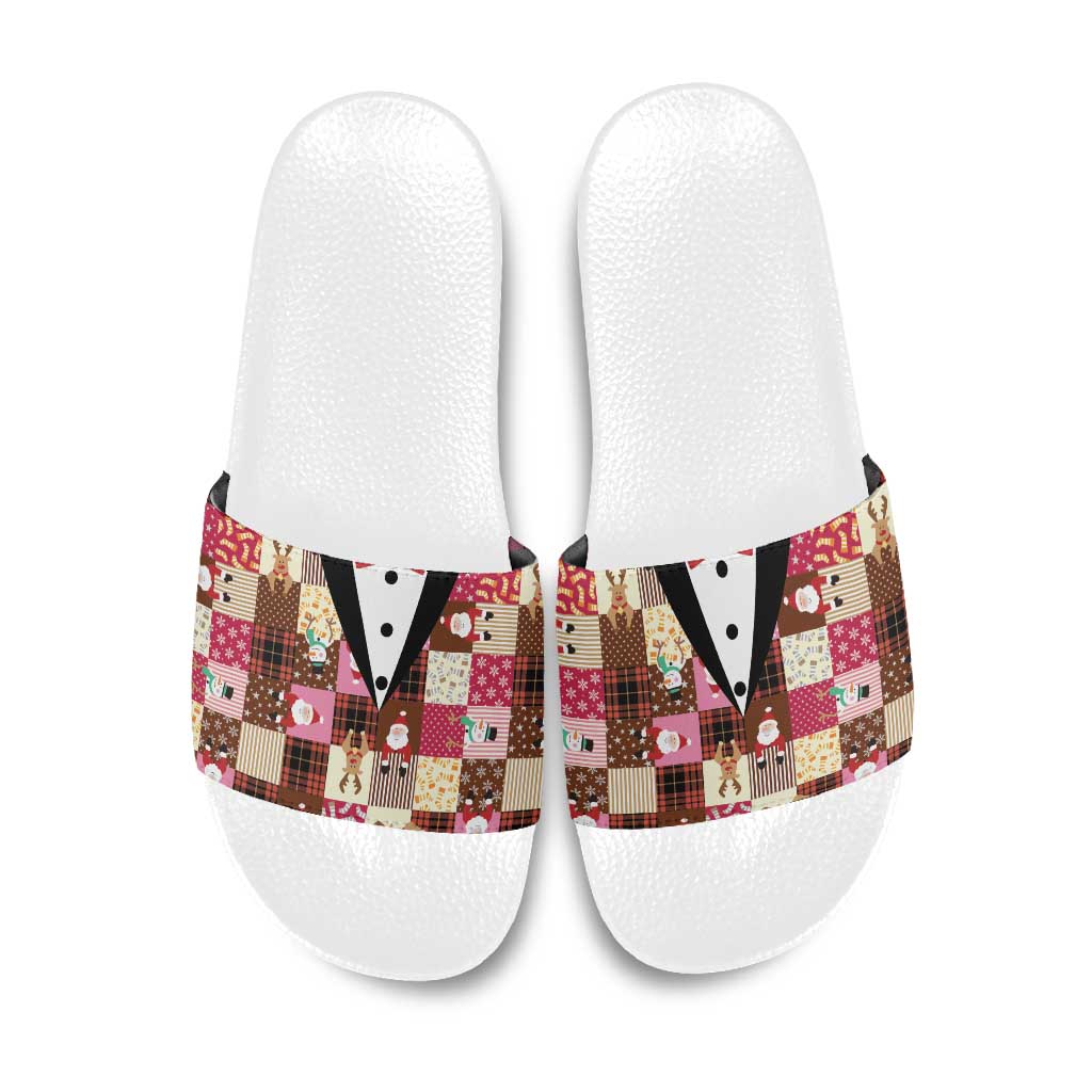 Christmas Patchwork Fake Tuxedo Slide Sandals Santa and Reindeer Pink Plaid Style - Wonder Print Shop