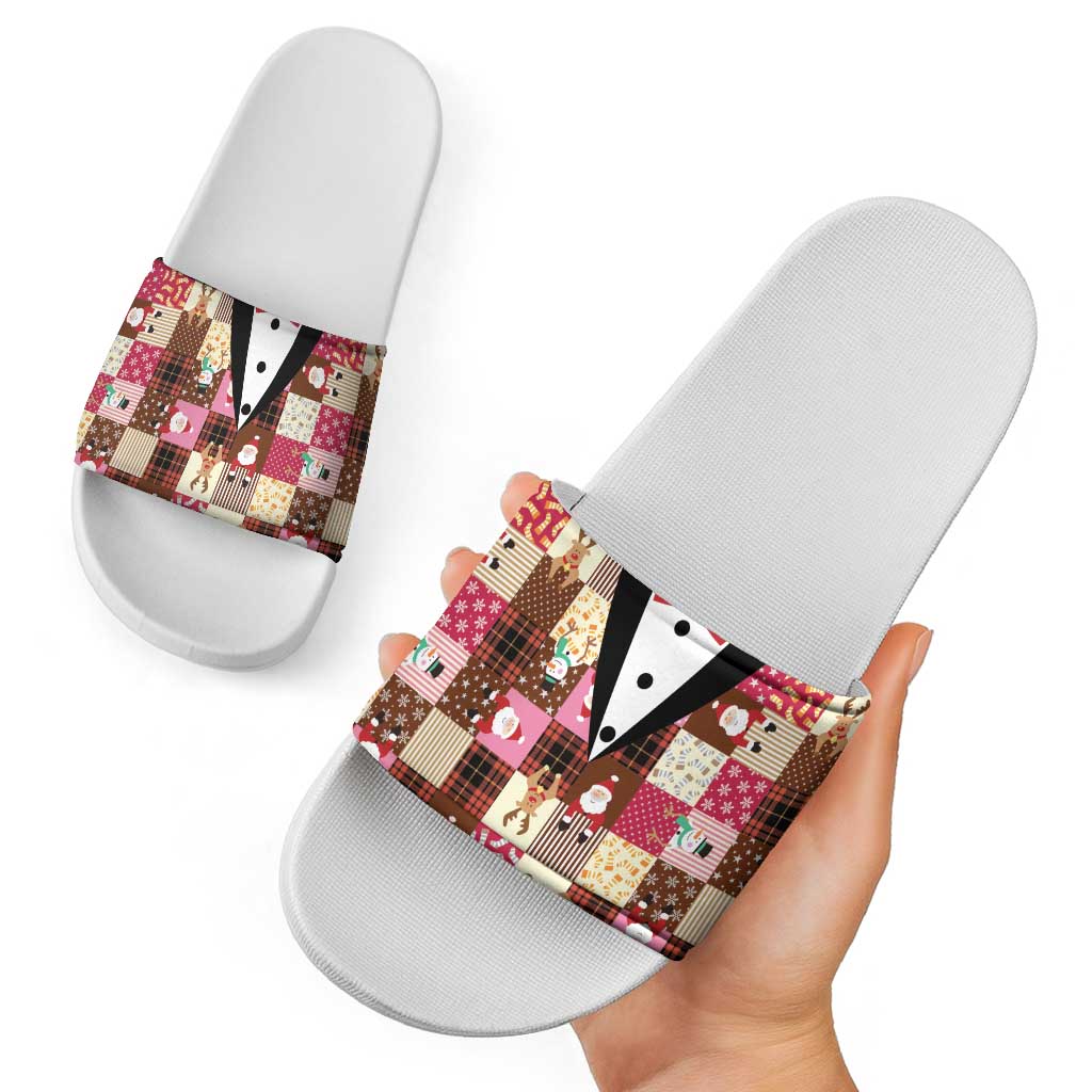 Christmas Patchwork Fake Tuxedo Slide Sandals Santa and Reindeer Pink Plaid Style - Wonder Print Shop