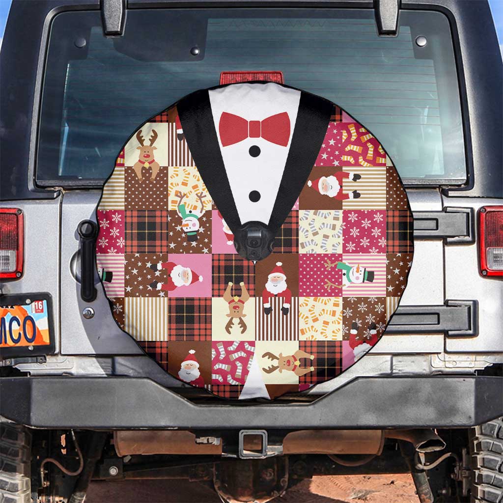 Christmas Patchwork Fake Tuxedo Spare Tire Cover Santa and Reindeer Pink Plaid Style - Wonder Print Shop