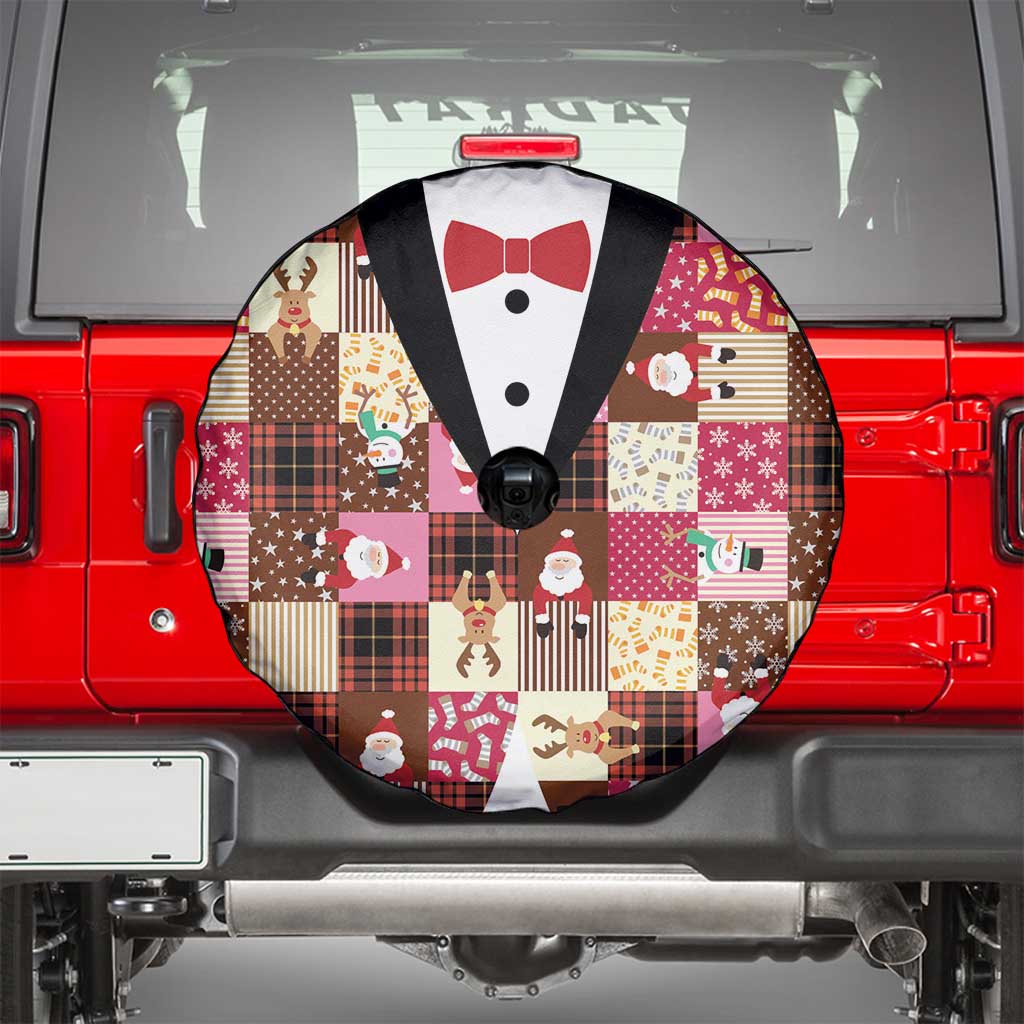 Christmas Patchwork Fake Tuxedo Spare Tire Cover Santa and Reindeer Pink Plaid Style - Wonder Print Shop