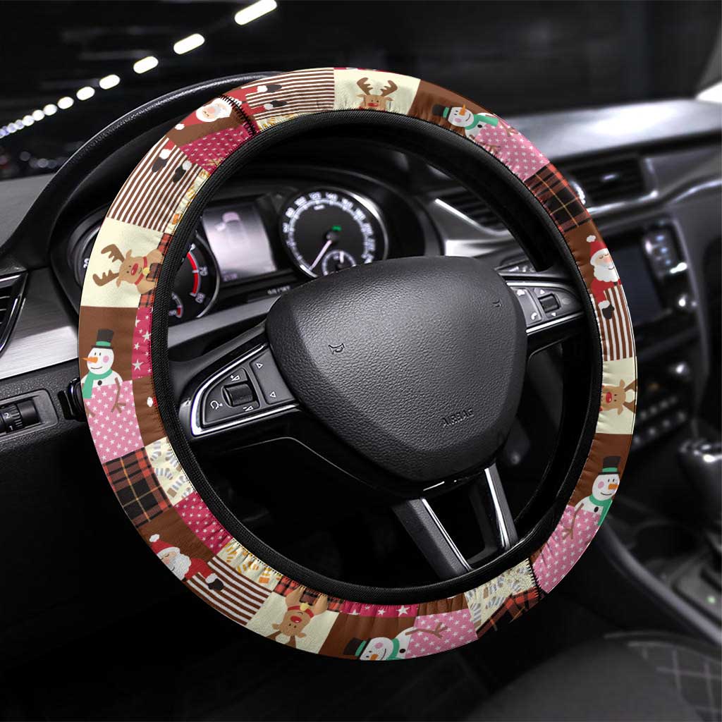 Christmas Patchwork Fake Tuxedo Steering Wheel Cover Santa and Reindeer Pink Plaid Style - Wonder Print Shop