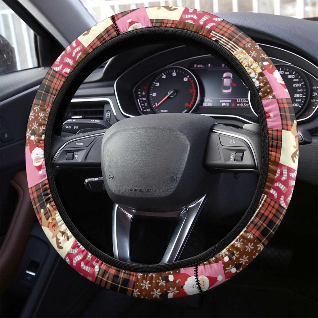 Christmas Patchwork Fake Tuxedo Steering Wheel Cover Santa and Reindeer Pink Plaid Style - Wonder Print Shop