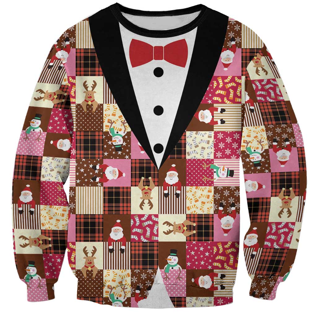 Christmas Patchwork Fake Tuxedo Sweatshirt Santa and Reindeer Pink Plaid Style - Wonder Print Shop
