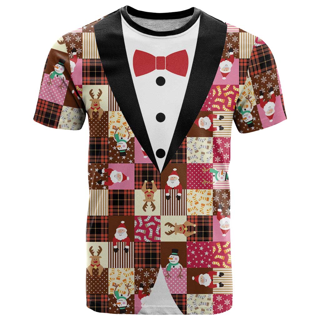 Christmas Patchwork Fake Tuxedo T Shirt Santa and Reindeer Pink Plaid Style - Wonder Print Shop