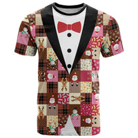 Christmas Patchwork Fake Tuxedo T Shirt Santa and Reindeer Pink Plaid Style - Wonder Print Shop