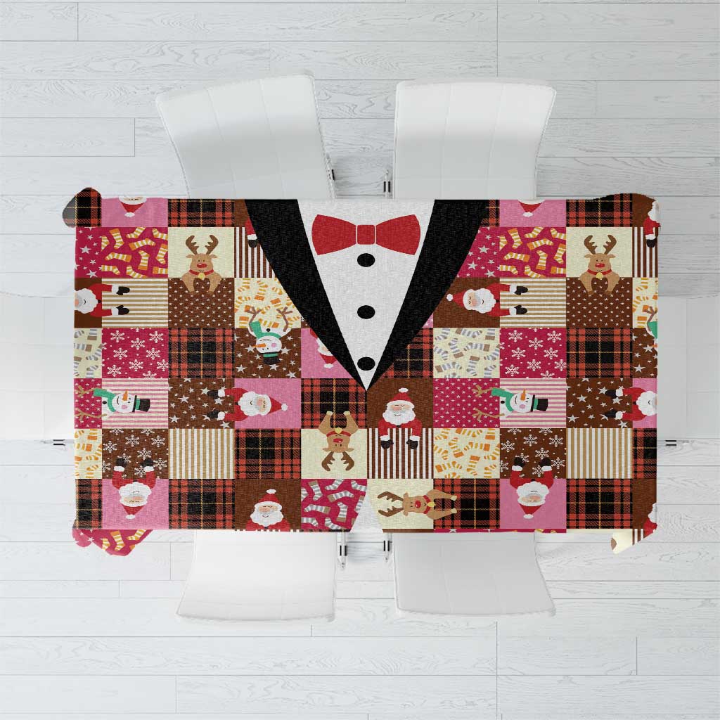 Christmas Patchwork Fake Tuxedo Tablecloth Santa and Reindeer Pink Plaid Style - Wonder Print Shop