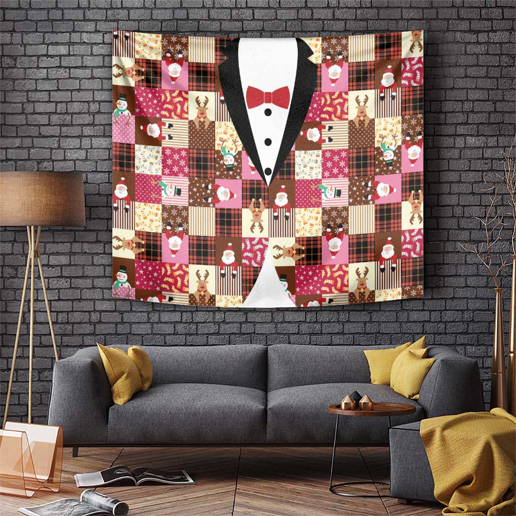 Christmas Patchwork Fake Tuxedo Tapestry Santa and Reindeer Pink Plaid Style - Wonder Print Shop
