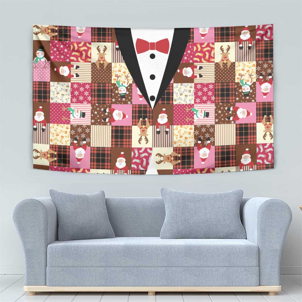 Christmas Patchwork Fake Tuxedo Tapestry Santa and Reindeer Pink Plaid Style - Wonder Print Shop