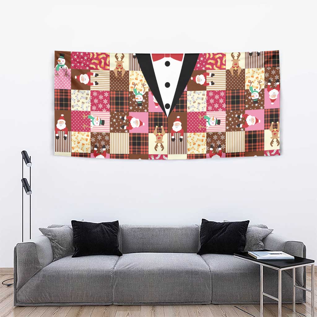 Christmas Patchwork Fake Tuxedo Tapestry Santa and Reindeer Pink Plaid Style - Wonder Print Shop