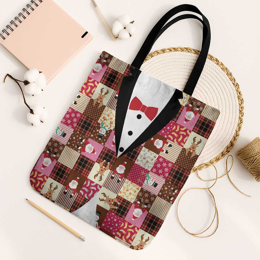 Christmas Patchwork Fake Tuxedo Tote Bag Santa and Reindeer Pink Plaid Style - Wonder Print Shop