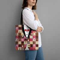 Christmas Patchwork Fake Tuxedo Tote Bag Santa and Reindeer Pink Plaid Style - Wonder Print Shop