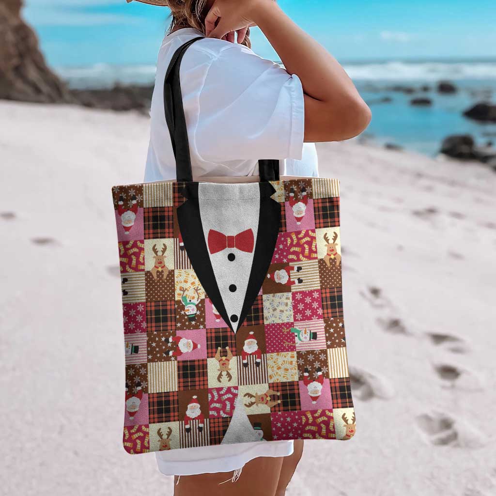 Christmas Patchwork Fake Tuxedo Tote Bag Santa and Reindeer Pink Plaid Style - Wonder Print Shop
