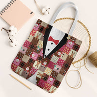 Christmas Patchwork Fake Tuxedo Tote Bag Santa and Reindeer Pink Plaid Style - Wonder Print Shop