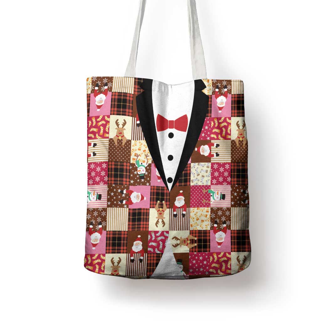 Christmas Patchwork Fake Tuxedo Tote Bag Santa and Reindeer Pink Plaid Style - Wonder Print Shop