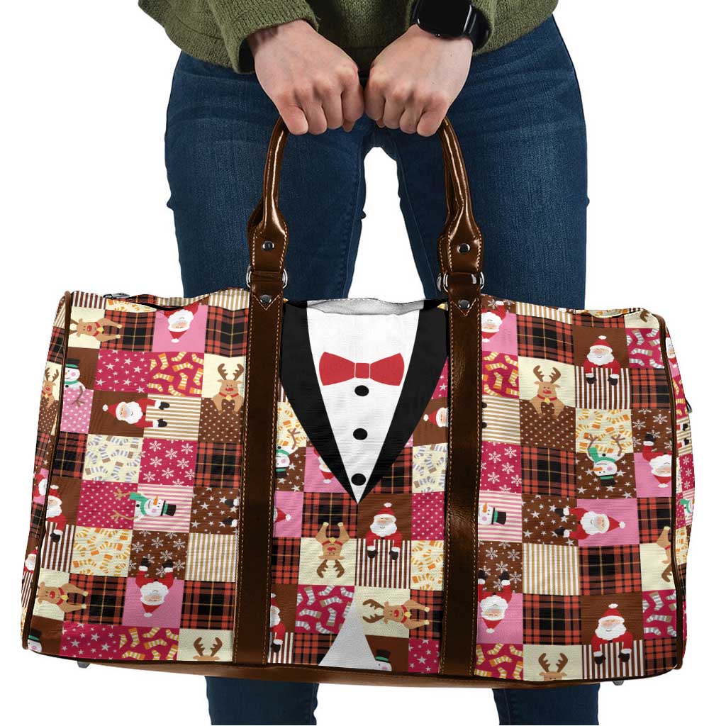 Christmas Patchwork Fake Tuxedo Travel Bag Santa and Reindeer Pink Plaid Style - Wonder Print Shop