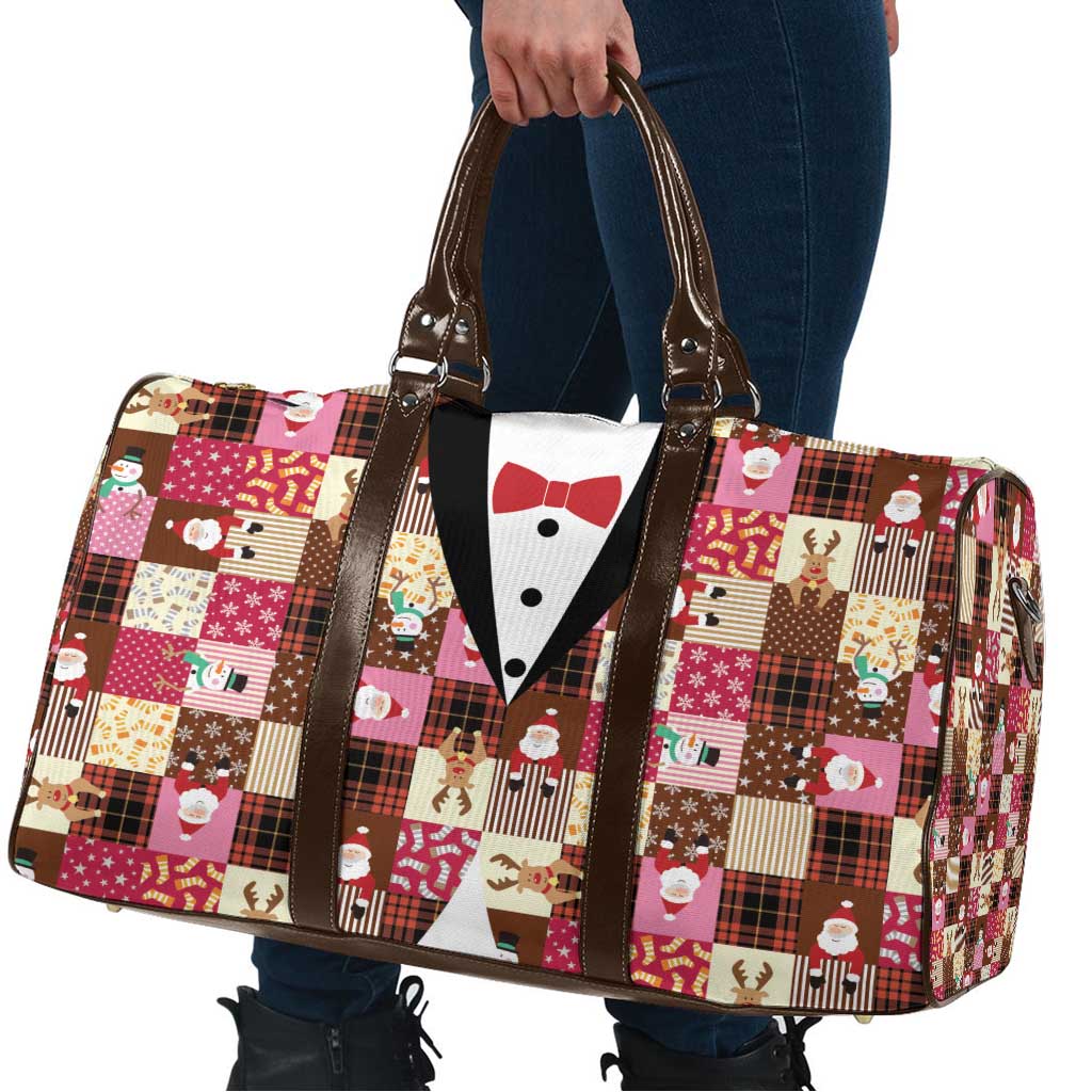 Christmas Patchwork Fake Tuxedo Travel Bag Santa and Reindeer Pink Plaid Style - Wonder Print Shop