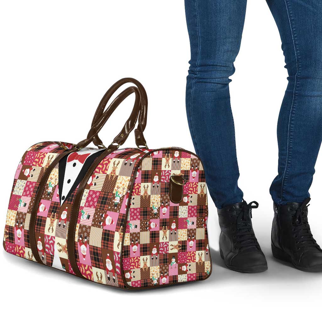 Christmas Patchwork Fake Tuxedo Travel Bag Santa and Reindeer Pink Plaid Style - Wonder Print Shop