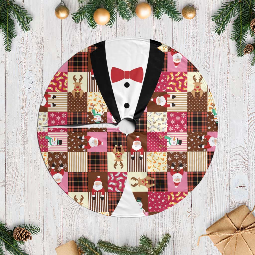 Christmas Patchwork Fake Tuxedo Tree Skirt Santa and Reindeer Pink Plaid Style - Wonder Print Shop