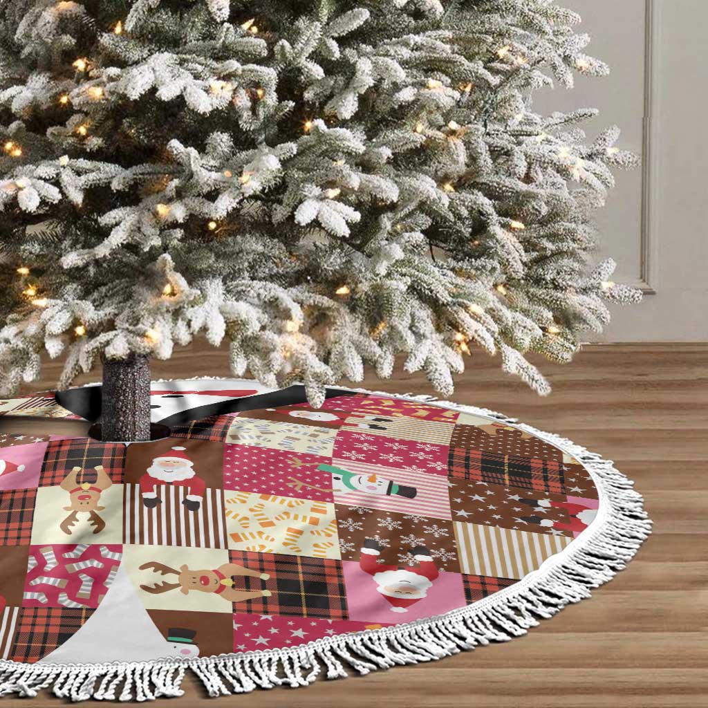 Christmas Patchwork Fake Tuxedo Tree Skirt Santa and Reindeer Pink Plaid Style - Wonder Print Shop